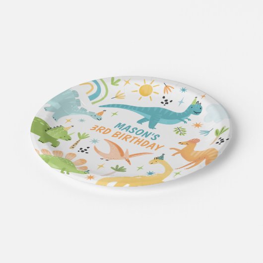 Blaue Dinosaurier Geburtstagsparty Pappteller (Schrägansicht)