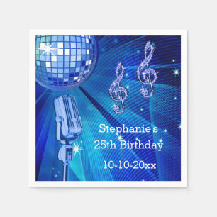 Blaue Disco-Kugel und Retro-Mikrofon 25. Geburtsta Serviette