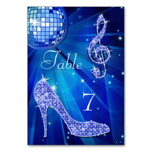Blaue Disco-Kugel und Stiletto-Schuh doppelseitig Tischnummer