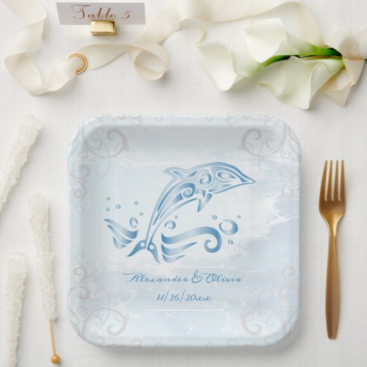 Blaue Dolphin-Polterabend-Papierplatte Pappteller (Hochzeit)