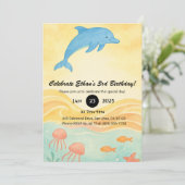 Blaue Dolphin & Quellyfish Meeresszene Geburtstag Einladung (Stehend Vorderseite)
