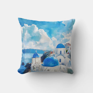 "Blaue Domes von Santorin - Wasserfarben Kunst" Kissen
