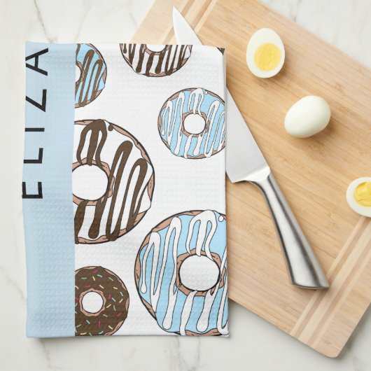 Blaue Donuts, braune Donuts, Sprinklen, Ihr Name Geschirrtuch (Viertel Falte)