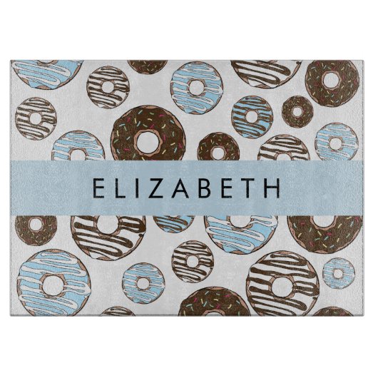 Blaue Donuts, braune Donuts, Sprinklen, Ihr Name Schneidebrett (Vorderseite)