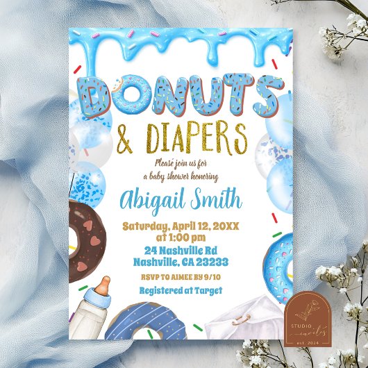 Blaue Donuts und Windeln Baby Shower  Einladung