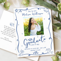 Blaue Doodles Abschluss Save the Date Foto Weiß