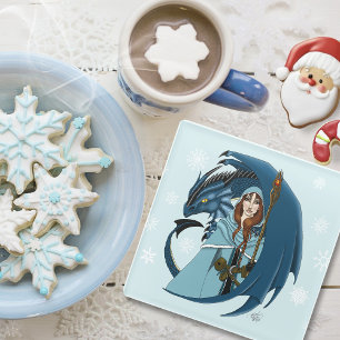  Blaue Drachen-Zauberin Schneeflocken Glasuntersetzer