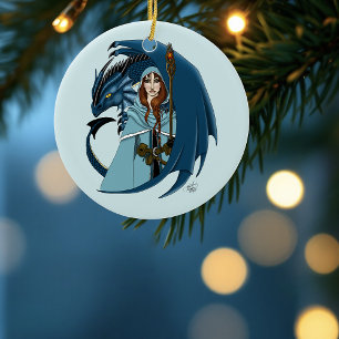 Blaue Drachen-Zauberin Schneeflocken Keramik Ornament