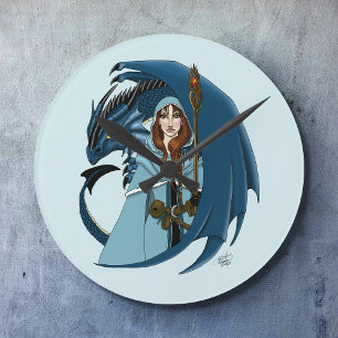  Blaue Drachen-Zauberin Schneeflocken Runde Wanduhr