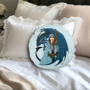 Blaue Drachen-Zauberin Schneeflocken Rundes Kissen