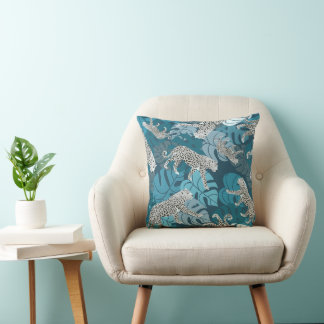 Blaue Dschungelleopard und tropische Monstera-Blät Kissen