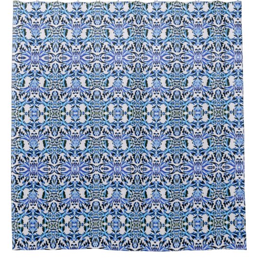 Blaue Duschvorhang mit gerolltem Blatt (Vorderseite)