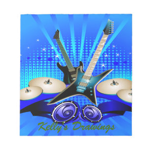 Blaue E-Gitarren, Trommeln & Lautsprecher Notizblock