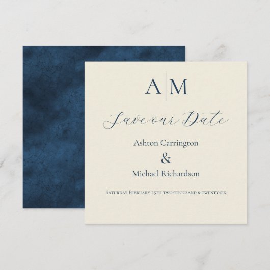 Blaue Ecru-Monogramm-Moderne Hochzeit Save The Date (Vorne/Hinten)