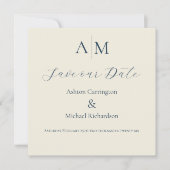 Blaue Ecru-Monogramm-Moderne Hochzeit Save The Date (Vorderseite)