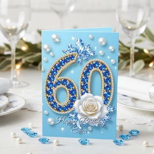Blaue Edelsteine und Perlen 60. Geburtstag Karte