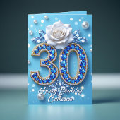 Blaue Edelsteine und Perlen Weiße Rose 30. Geburts Karte