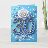 Blaue Edelsteine und Perlen Weiße Rose 30. Geburts Karte (Vorderseite)