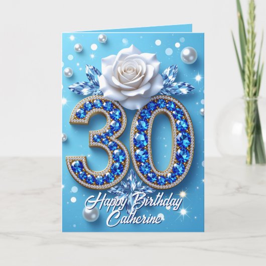 Blaue Edelsteine und Perlen Weiße Rose 30. Geburts Karte (Vorderseite)