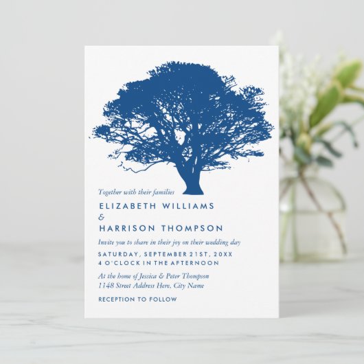 Blaue Eiche, rustikale und minimalistische Hochzei Einladung (Stehend Vorderseite)