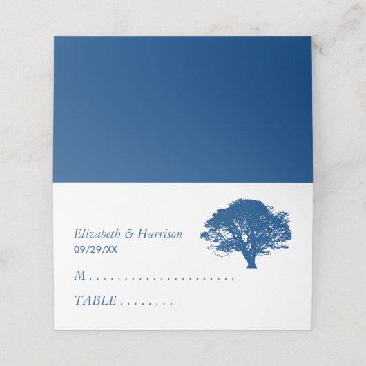 Blaue Eiche, rustikale und minimalistische Hochzei Platzkarte (Außenseite Aufgefaltet)