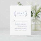 Blaue, einfache botanische Hochzeitskarte RSVP Karte (Stehend Vorderseite)