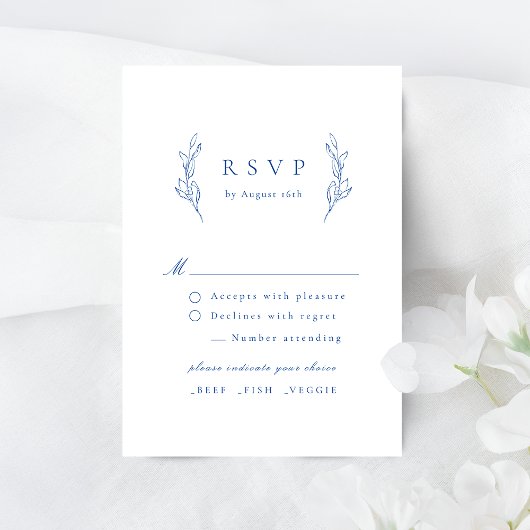 Blaue, einfache botanische Hochzeitskarte RSVP Karte