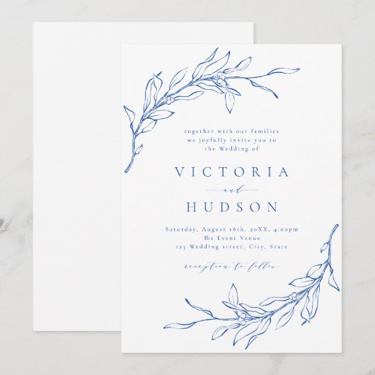 Blaue, einfache botanische Trauung Einladung (Vorne/Hinten)