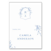 Blaue, einfache botanische Wappen-Monogramm-Platzk Tischnummer (Vorderseite)