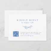 Blaue, einfache Eleganz, botanischer QR-Code Hochz RSVP Karte (Vorne/Hinten)