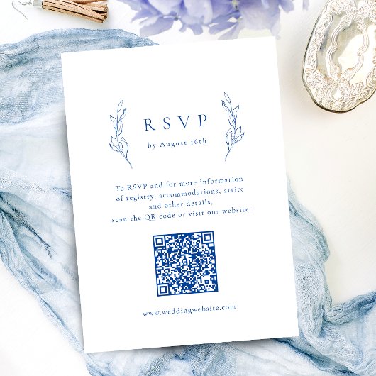 Blaue, einfache Eleganz, botanischer QR-Code Hochz RSVP Karte