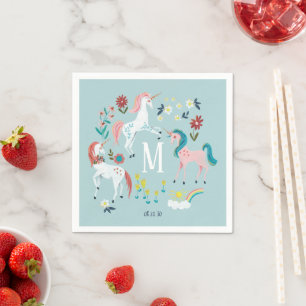 Blaue Einhorn-Monogramm-Kindergeburtstagsfeier Serviette