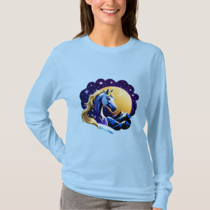 Blaue Einhorn-Porträt in sternklarem Nachthimmel T-Shirt