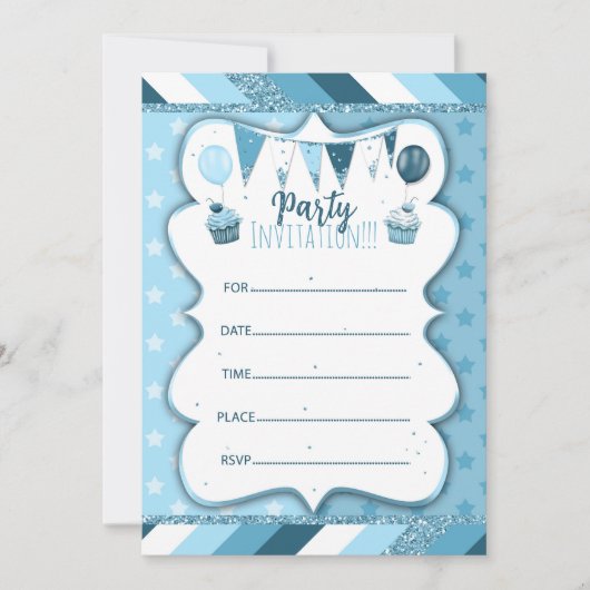 Blaue Einladung für Jungen per Hand zu schreiben (Vorderseite)