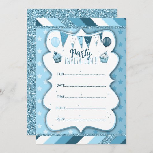 Blaue Einladung für Jungen per Hand zu schreiben (Vorne/Hinten)