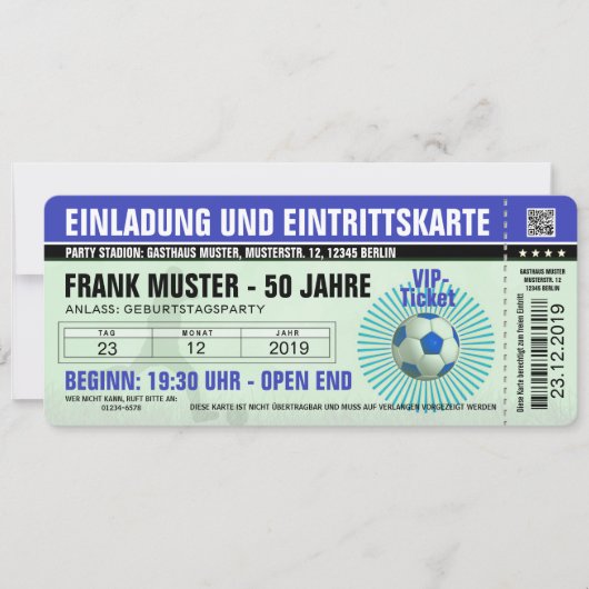 blaue Einladung und Eintrittskarte (Fußballticket) (Vorderseite)
