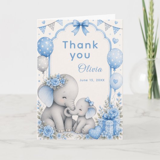 Blaue Elefant-Baby-Party Dankeskarte (Vorderseite)