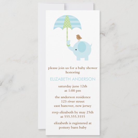 Blaue Elefant-Babyparty Einladung (Vorderseite)
