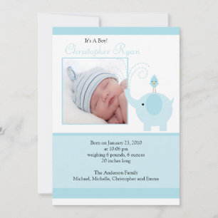 Blaue Elefanten-Baby-Junge-Foto-Ankündigungskarte Ankündigung