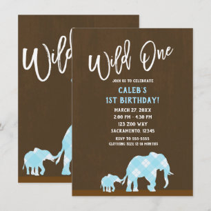 Blaue Elefanten Braun Modern WILD ONE 1. Geburtsta Einladung