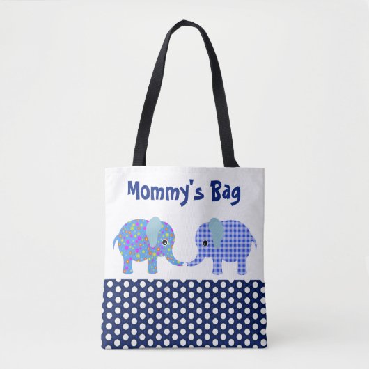 Blaue Elefanten mit Navy Blue Polka Dots Block Tasche (Vorderseite)