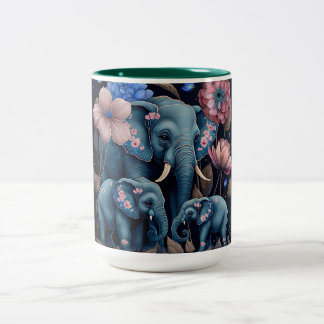 Blaue Elefanten und rosa Blume Zweifarbige Tasse