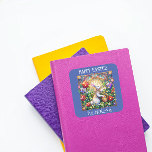 Blaue Elegante Art Nouveau Hase Garten Ostern Quadratischer Aufkleber