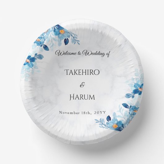 Blaue elegante Blumen Sommerhochzeit Pappteller (Vorderseite)
