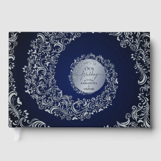 Blaue elegante Damast-Hochzeit Gästebuch (Vorderseite)