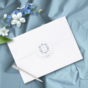 Blaue elegante florale Wappen-Monogramm-Rahmen-Hoc Runder Aufkleber