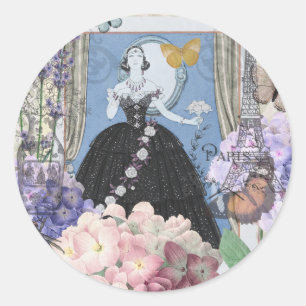 Blaue elegante Frau Blumen-Kleid Runder Aufkleber