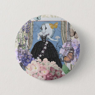 Blaue elegante Frau, florales, fantasievolles Klei Button