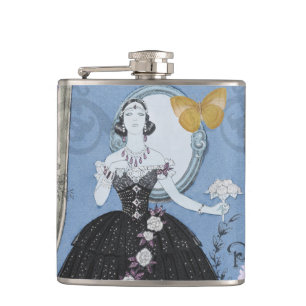 Blaue elegante Frau, florales, fantasievolles Klei Flachmann