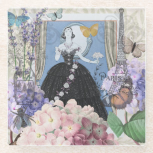 Blaue elegante Frau, florales, fantasievolles Klei Glasuntersetzer